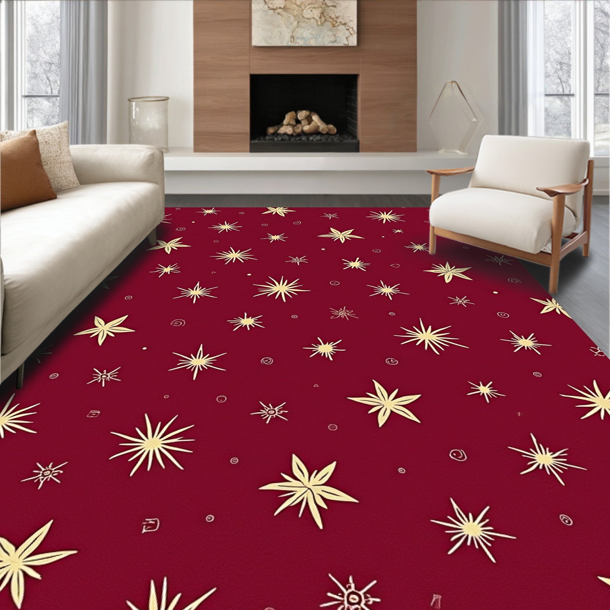 Crimson Golden Starburst Scatter Rug