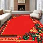 Bold Red Green Floral Border Rug