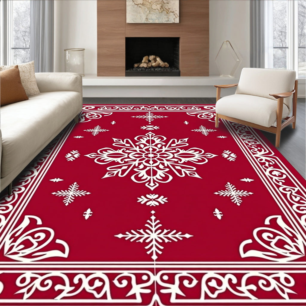 Crimson Snowflake Mandala Border Rug