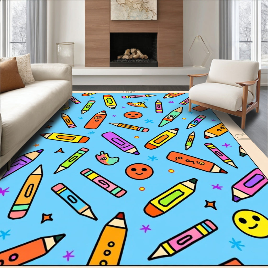 Playful Crayon Characters Scattered Across Blue Rug