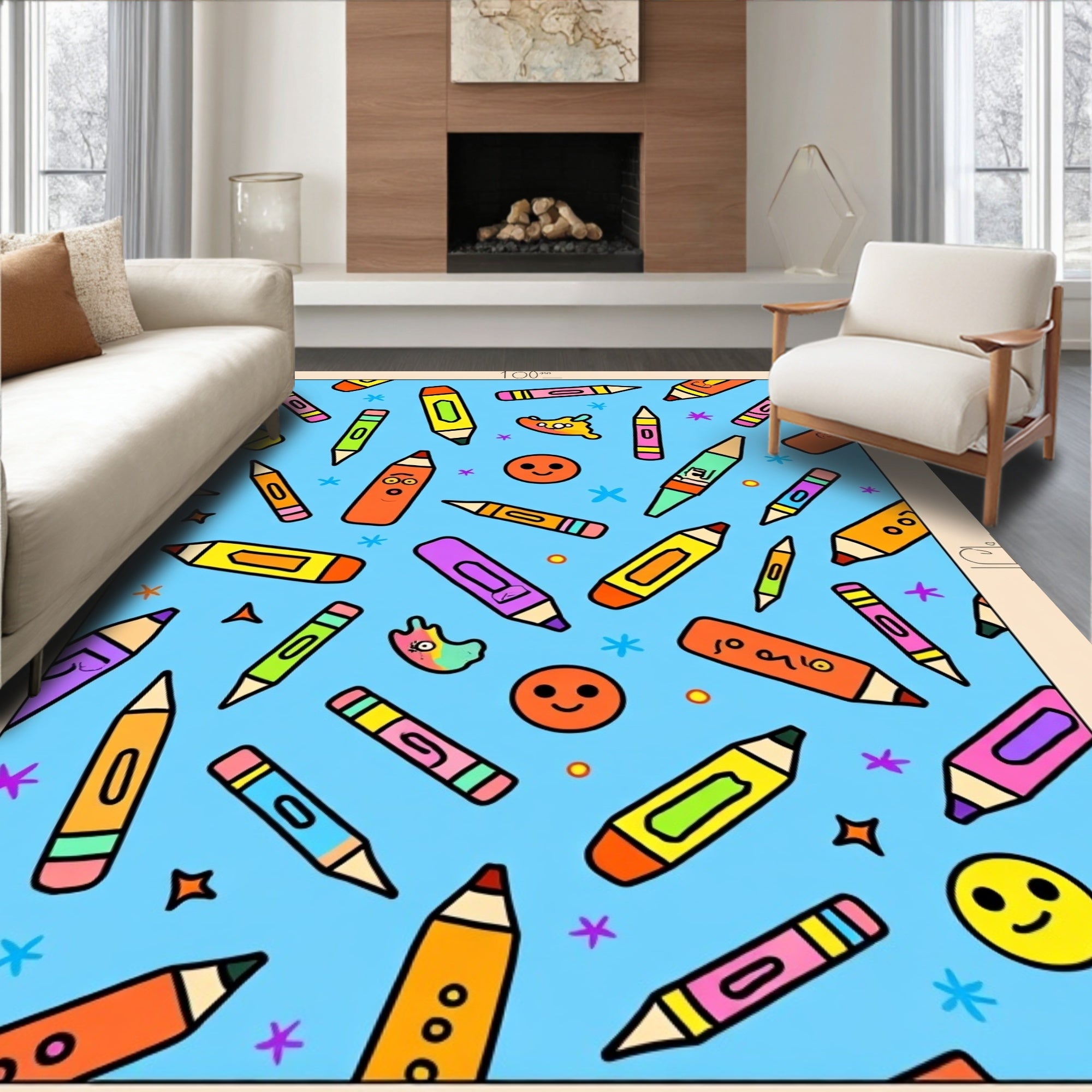 Playful Crayon Characters Scattered Across Blue Rug