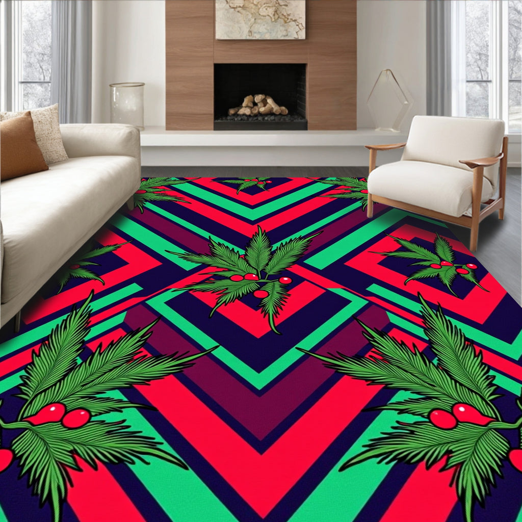 Bold Green Leaf Red Berry Geometric Rug