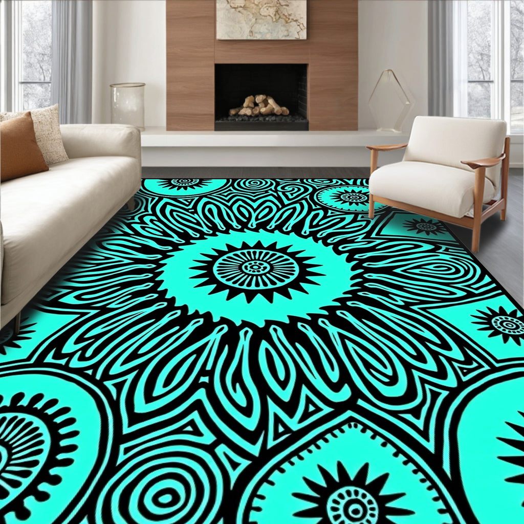 Bold Teal Radial Sunburst Medallion Rug