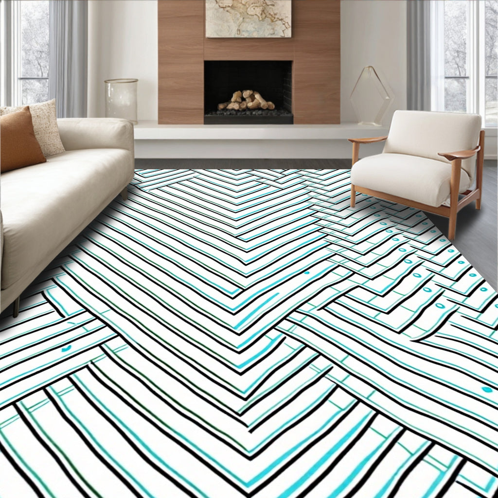 Interlocking Chevron Teal and Black Lines Rug