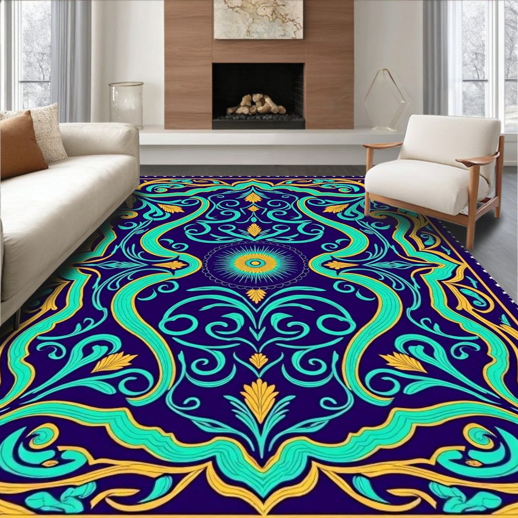 Deep Blue Teal Golden Floral Medallion Rug