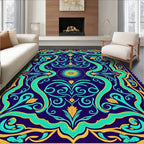Deep Blue Teal Golden Floral Medallion Rug
