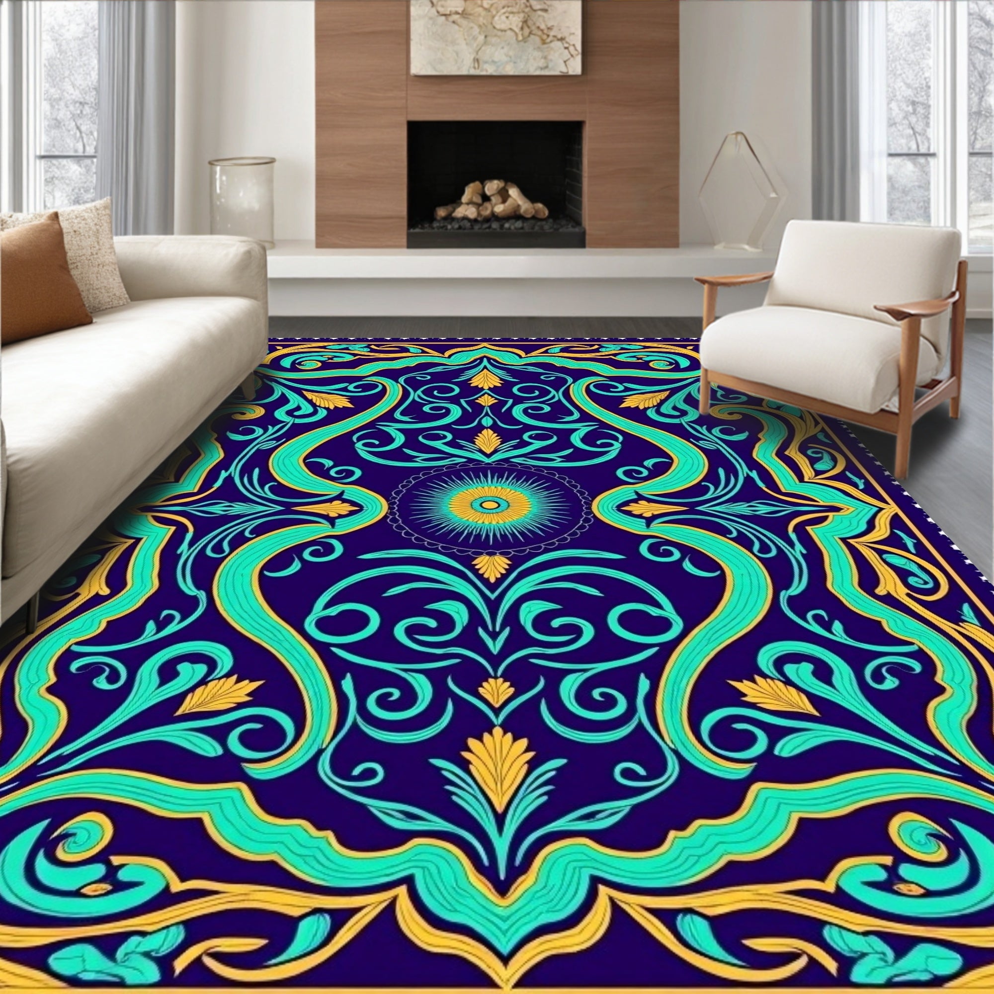 Deep Blue Teal Golden Floral Medallion Rug