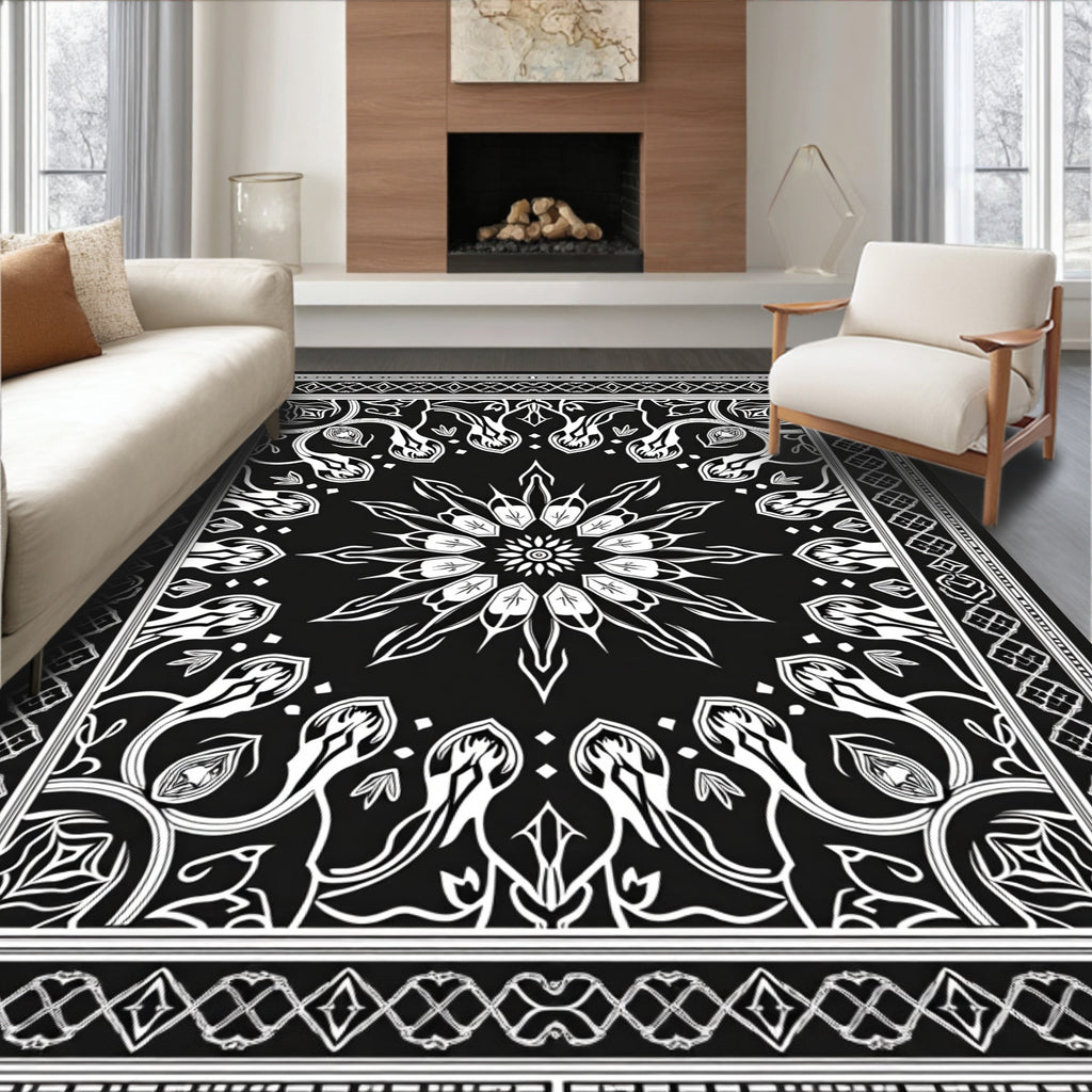 Black White Floral Starburst Mandala Rug
