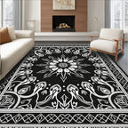 Black White Floral Starburst Mandala Rug