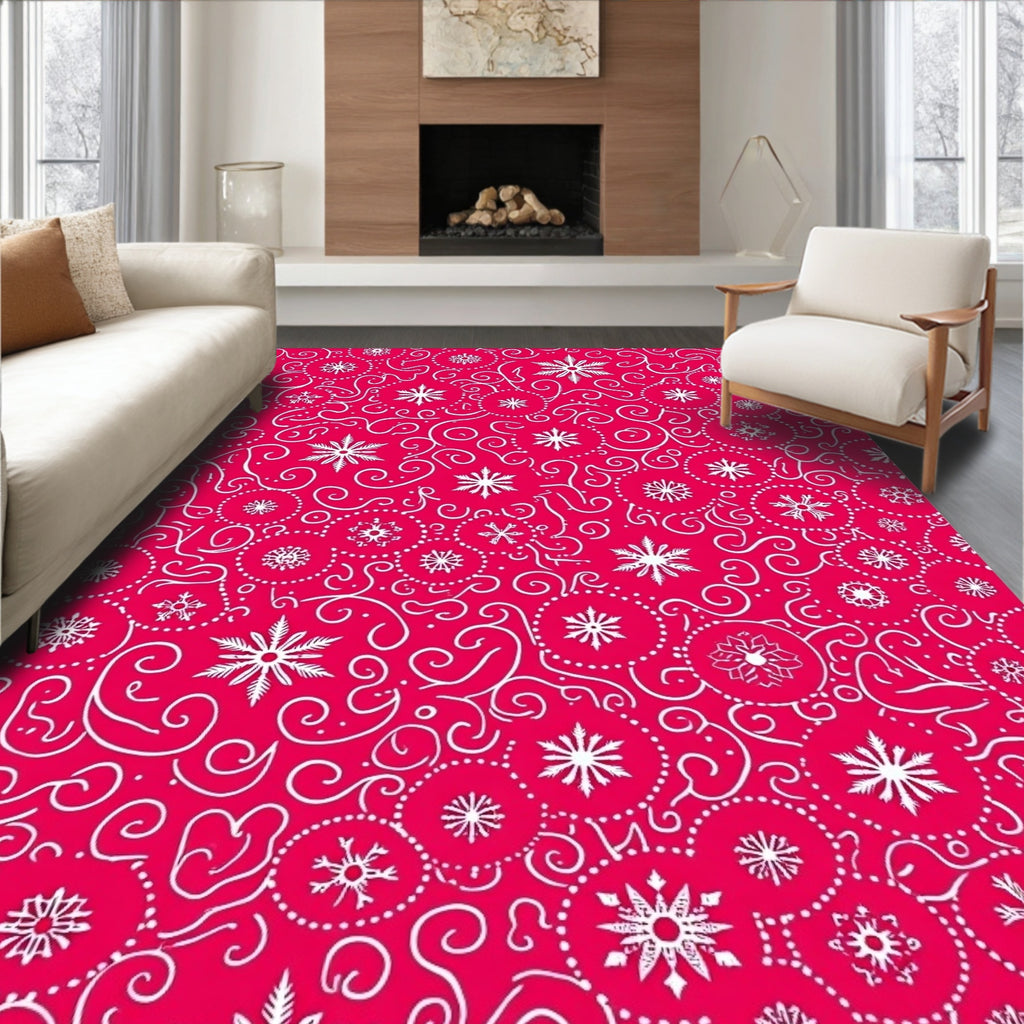 Crimson White Snowflake Swirls Rug