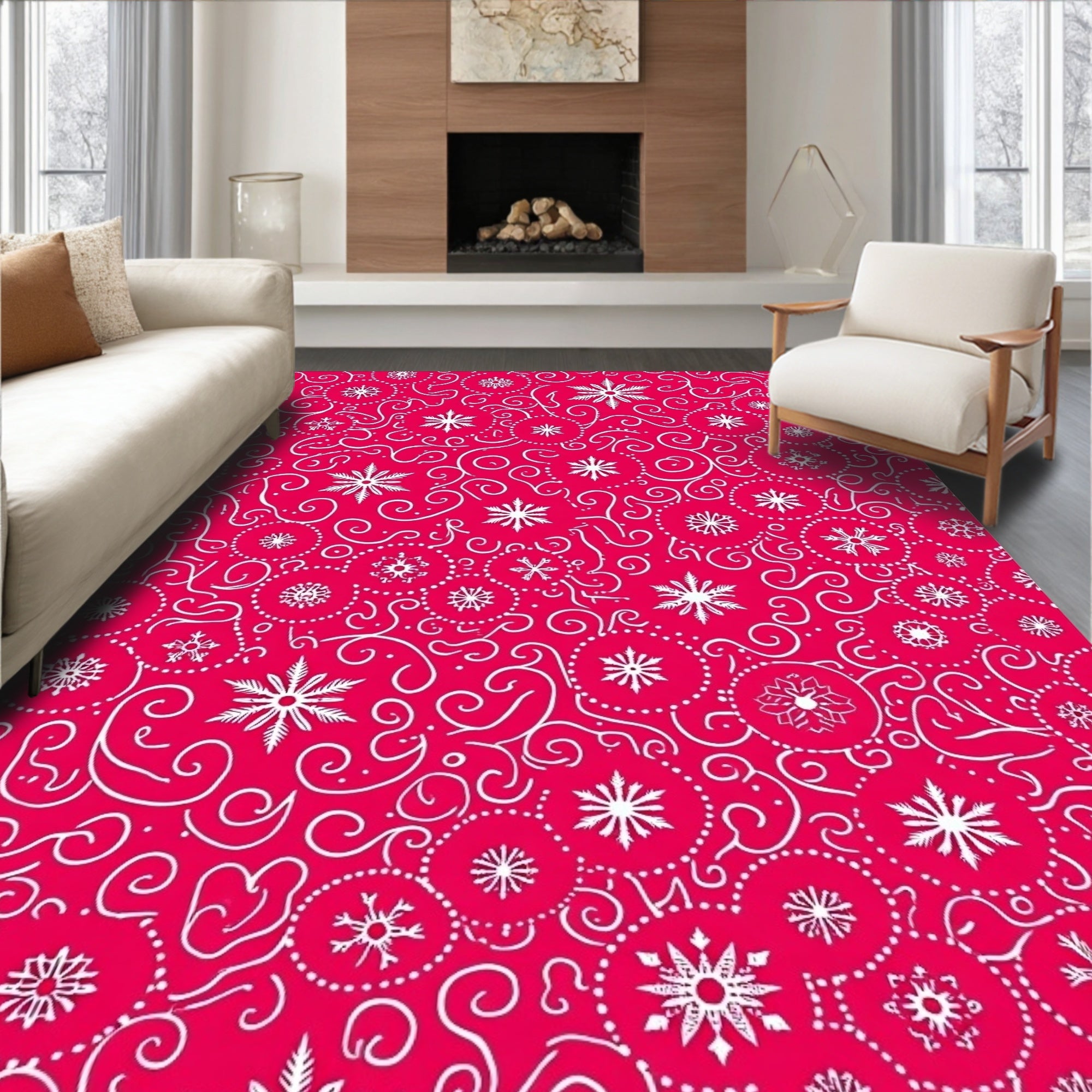 Crimson White Snowflake Swirls Rug