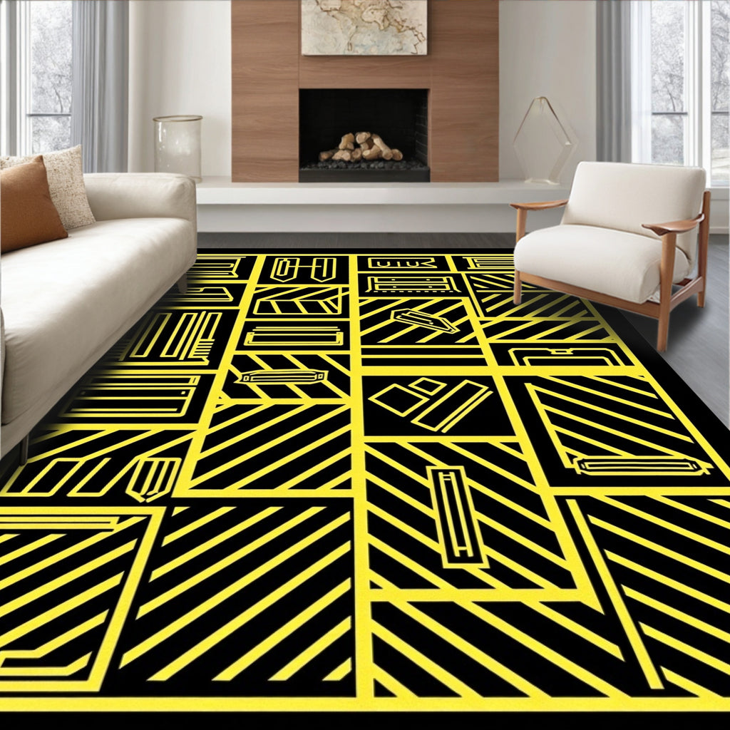 Bold Yellow Geometric Construction Icons Rug