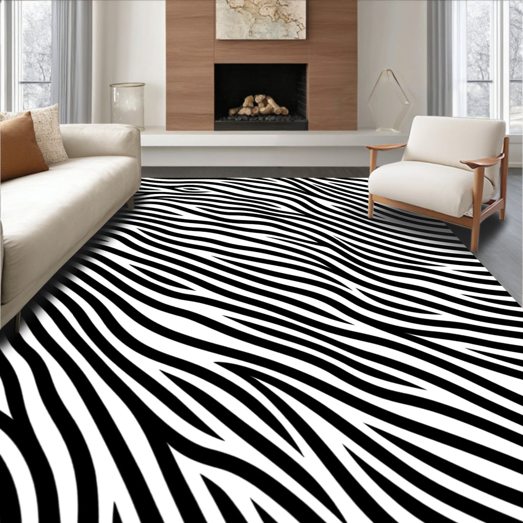 Bold Black White Wavy Strokes Rug