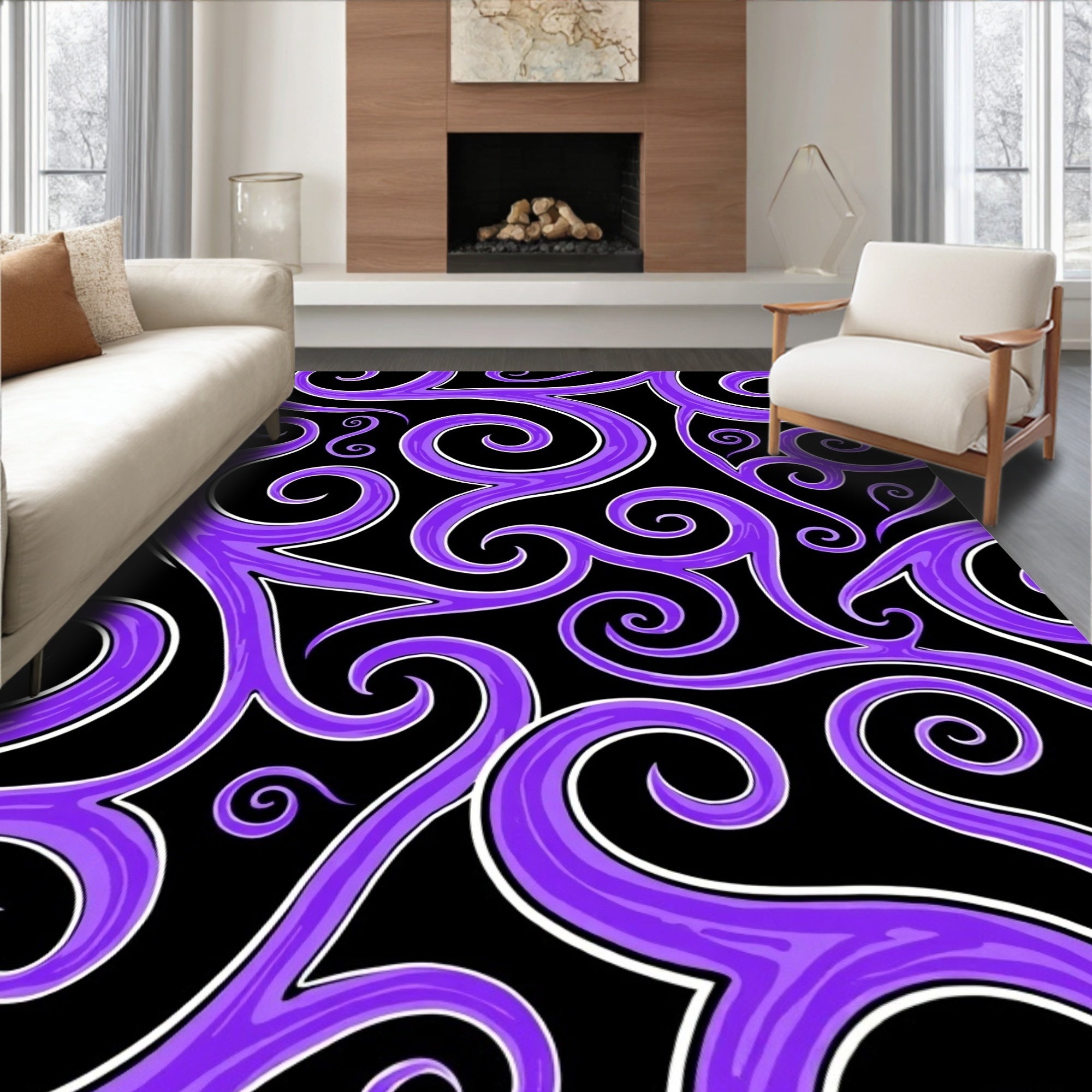 Purple Swirl Scrollwork Black Rug