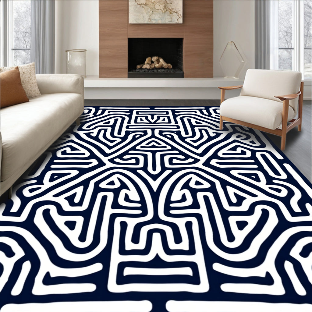 Black White Labyrinth Tribal Rug