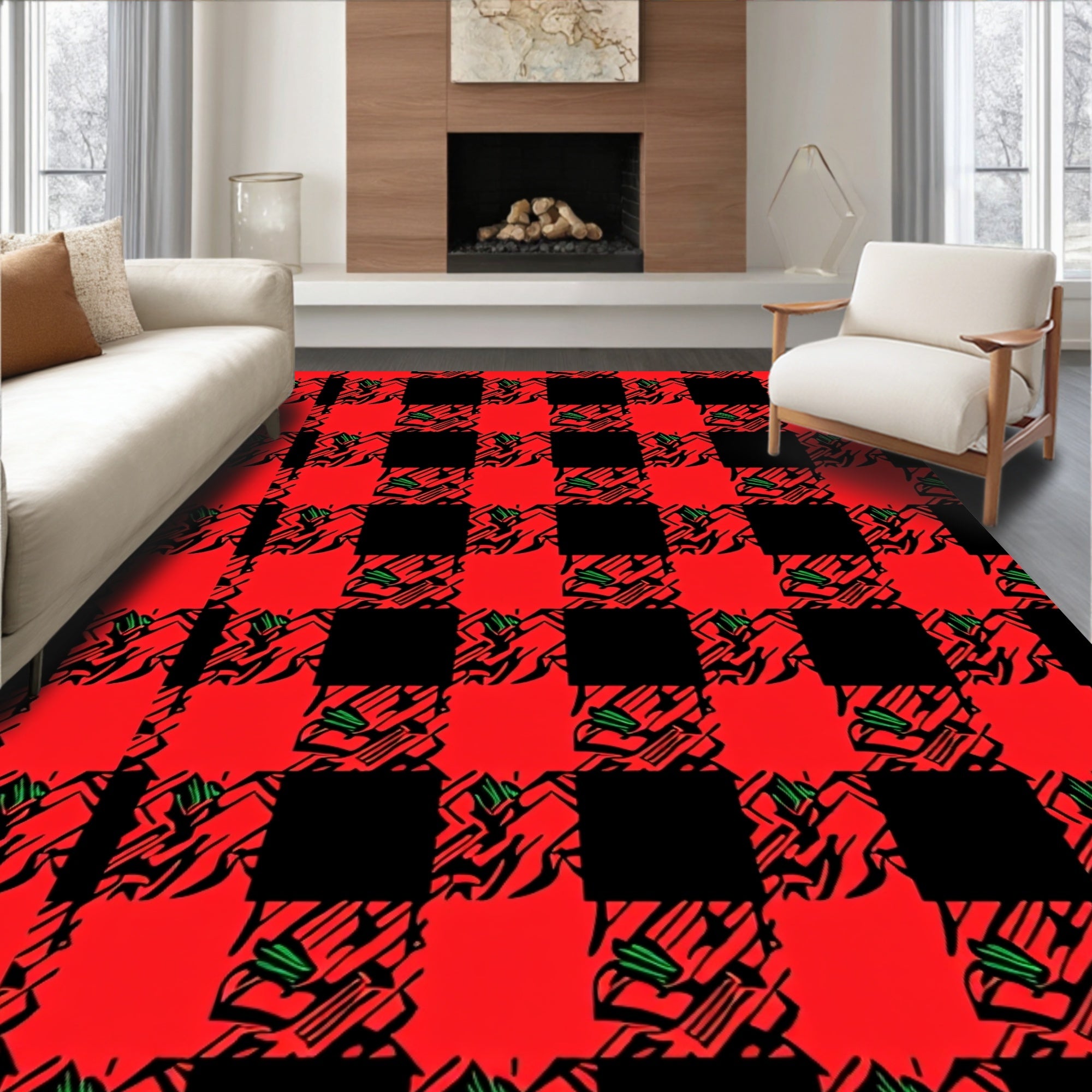 Crimson Black Abstract Plaid Rug