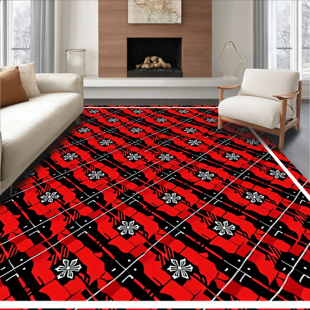Red Black Geometric Floral Tiling Rug