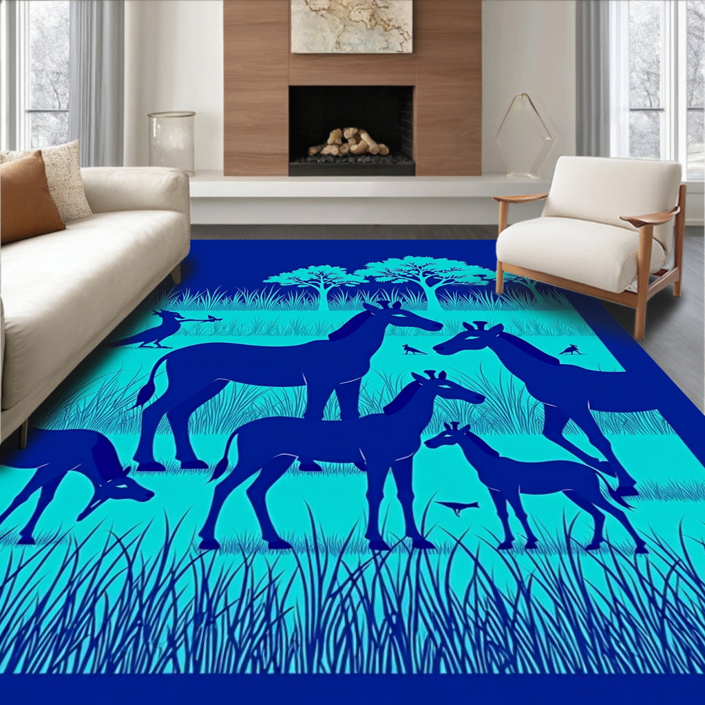Blue Savanna Wildlife Silhouette Rug