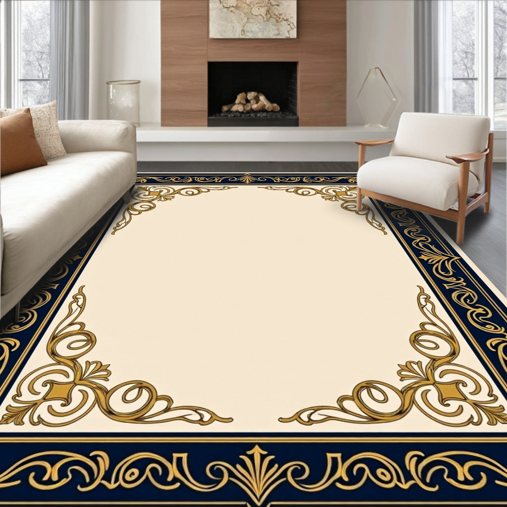 Elegant Navy Gold Scrollwork Border Rug