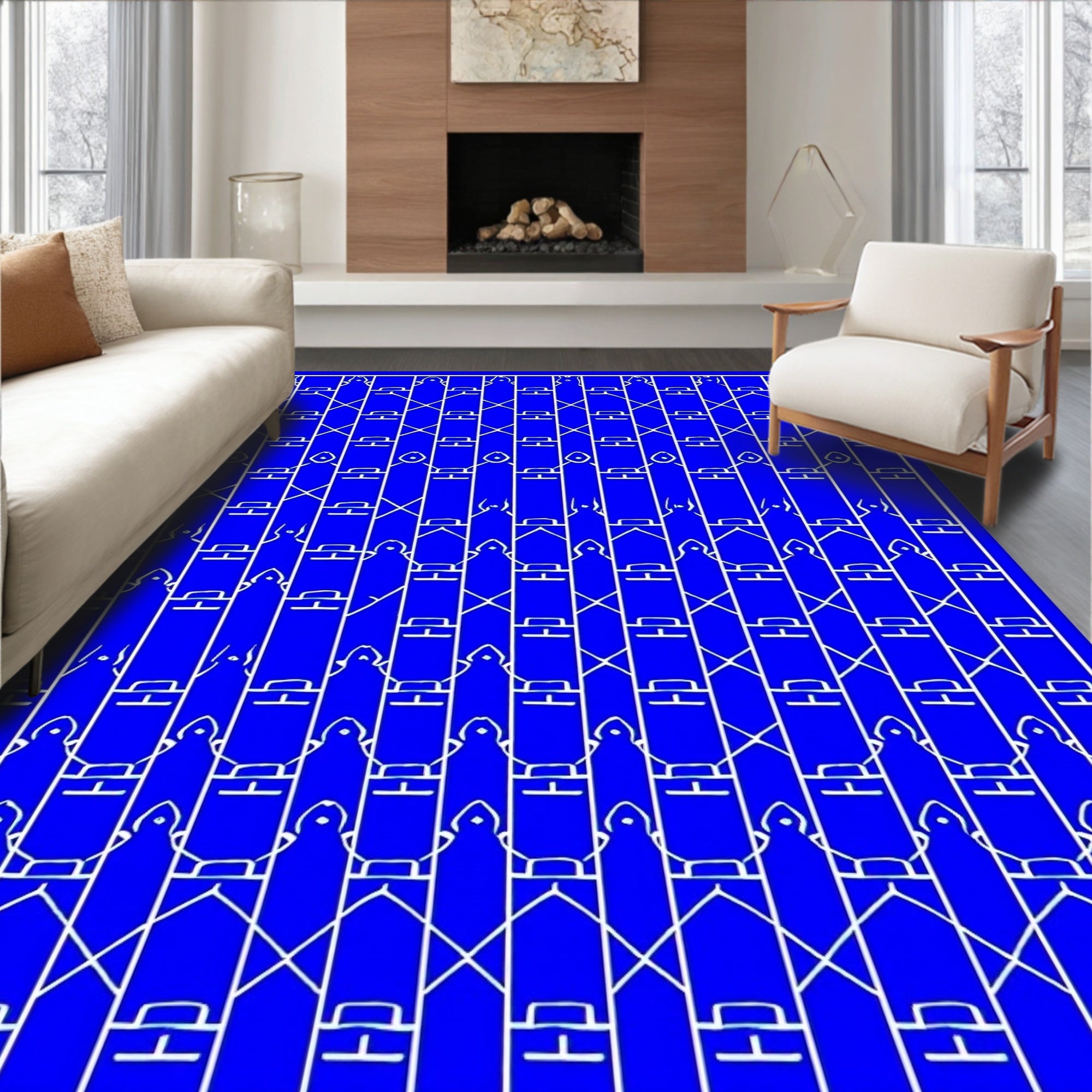 Vibrant Blue Bold Diamond Lattice Rug