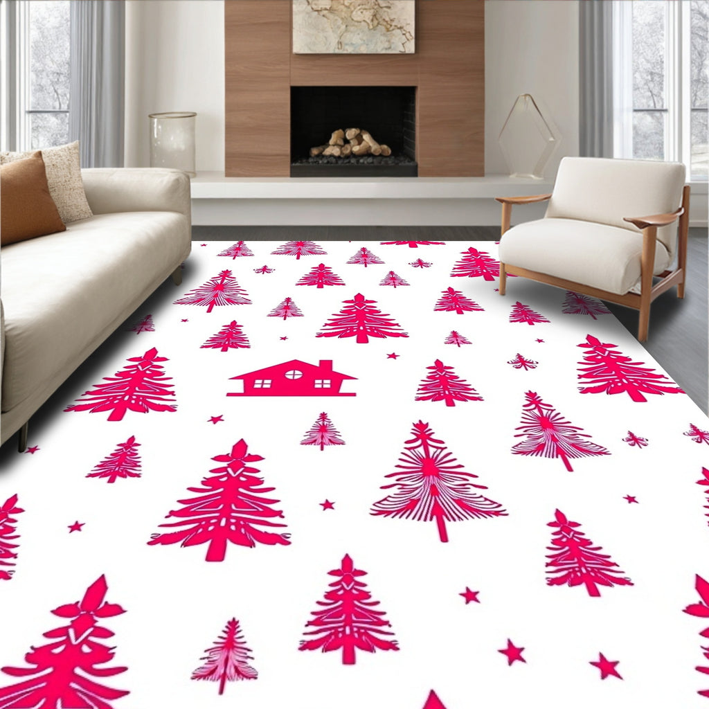 Crimson Christmas Trees Snowfall House Rug