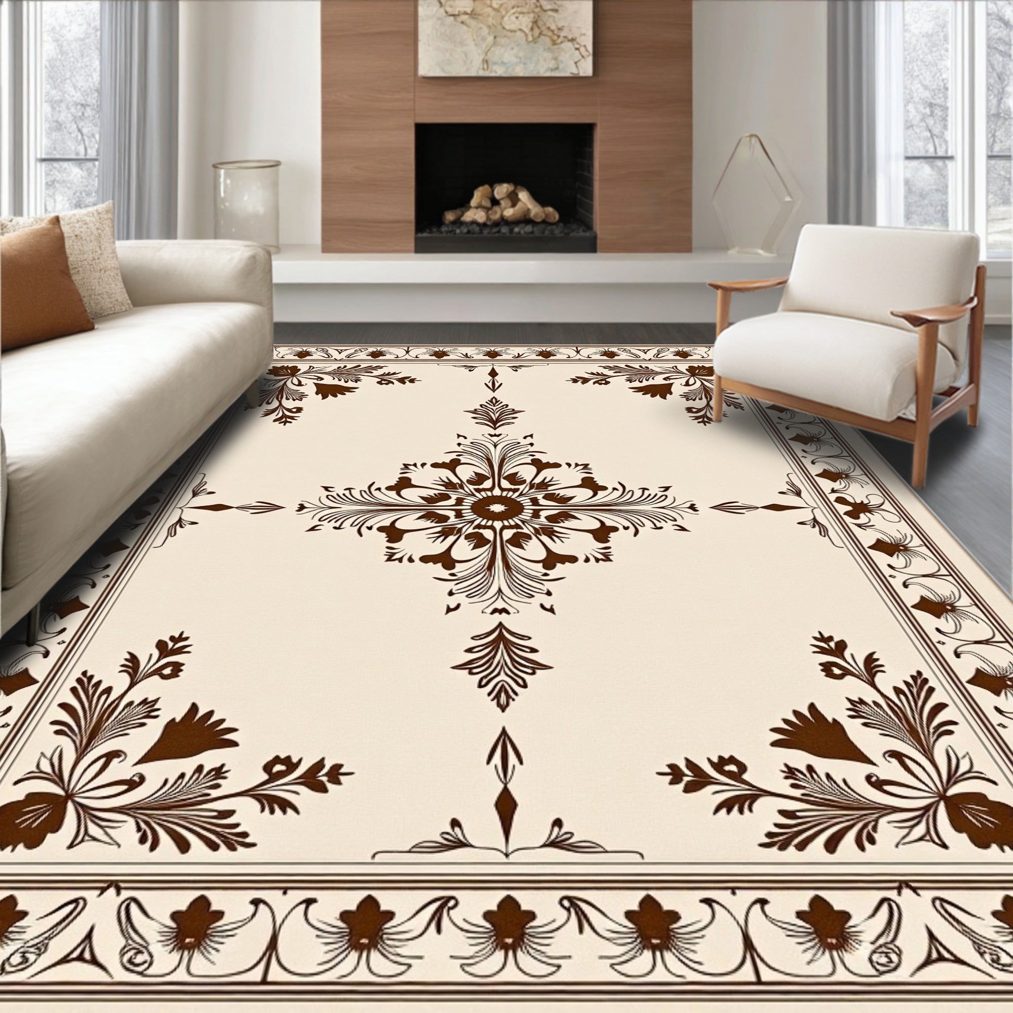 Classic Brown Floral Medallion Border Rug