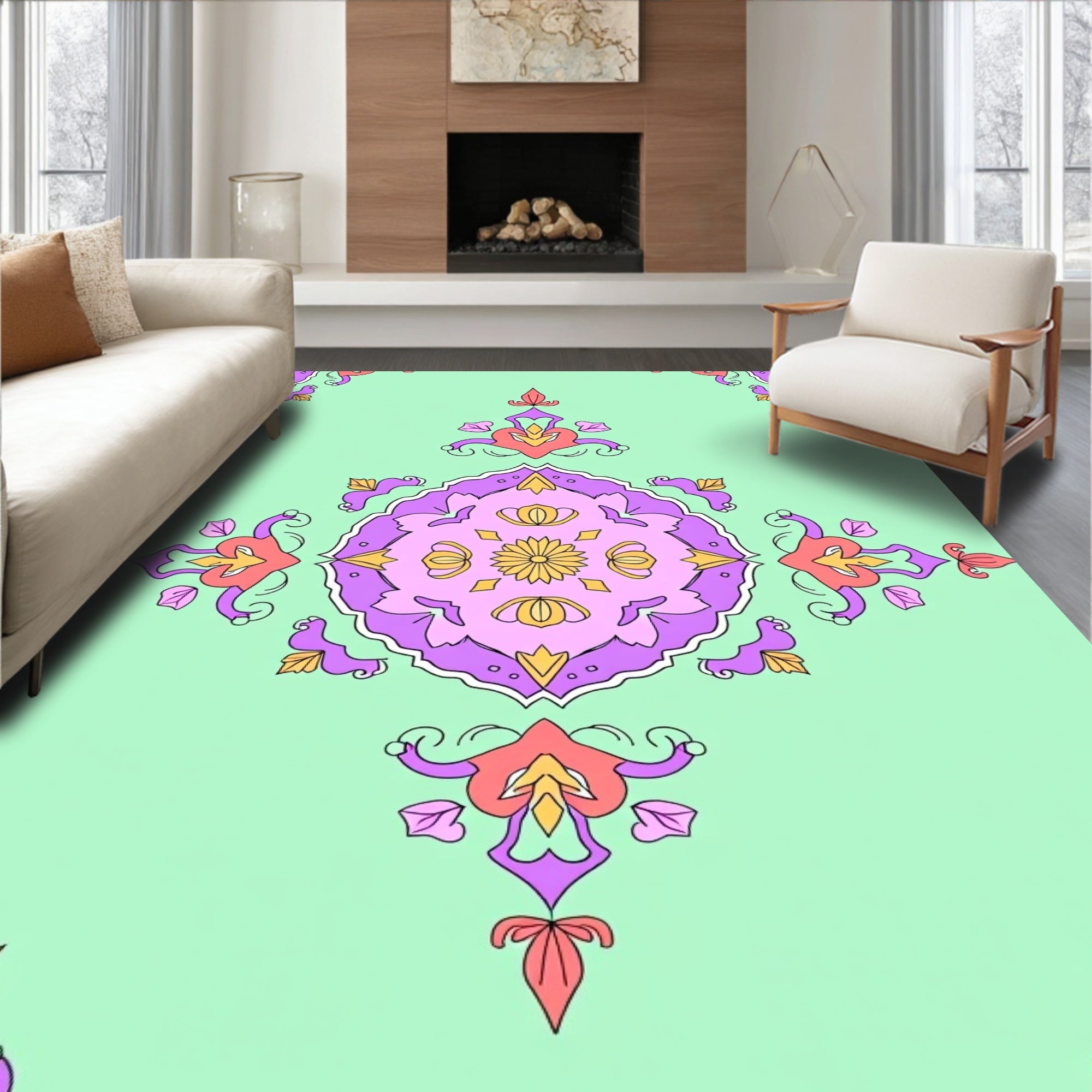 Pastel Mandala Medallion Floral Layout Rug