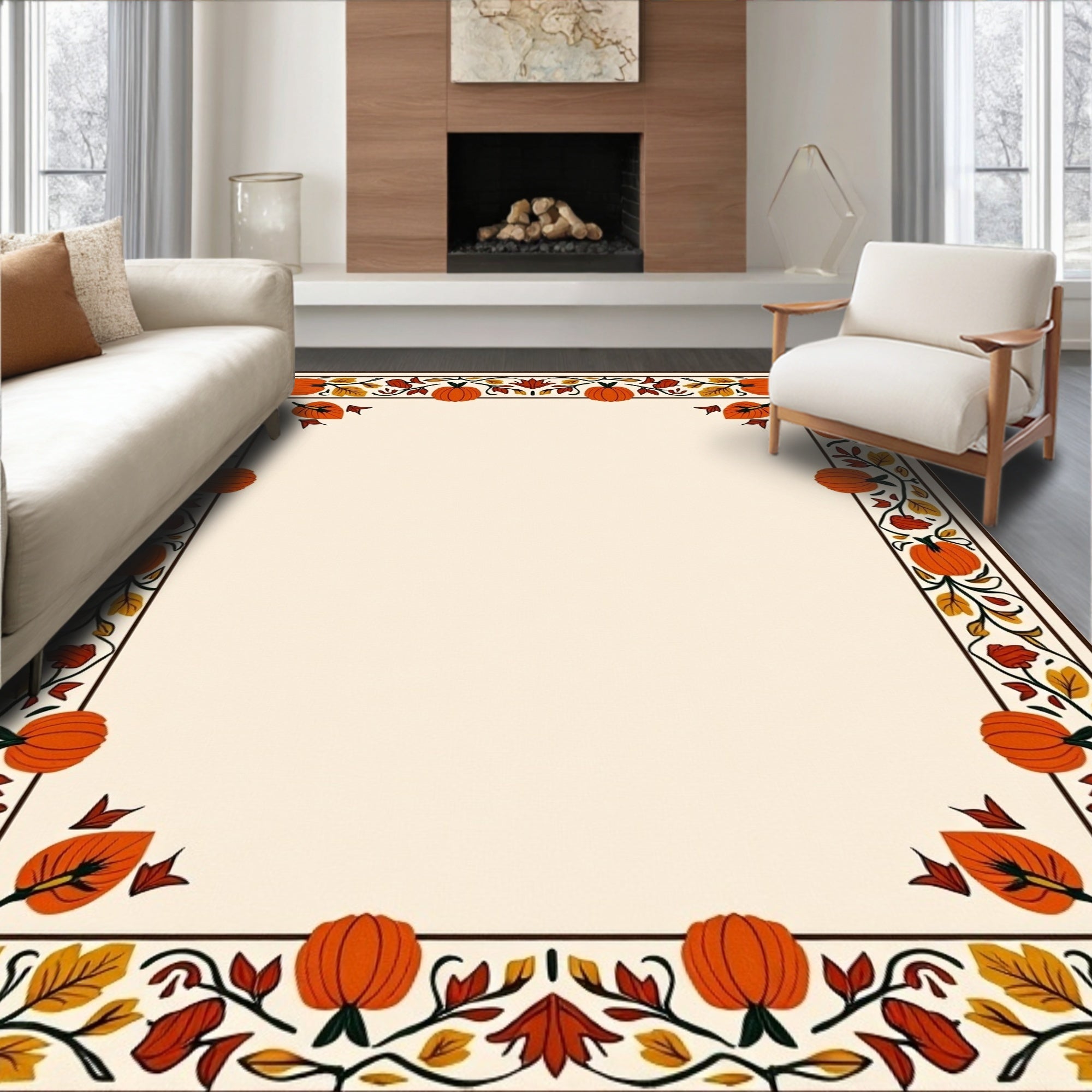 Harvest Pumpkin Fall Foliage Border Rug