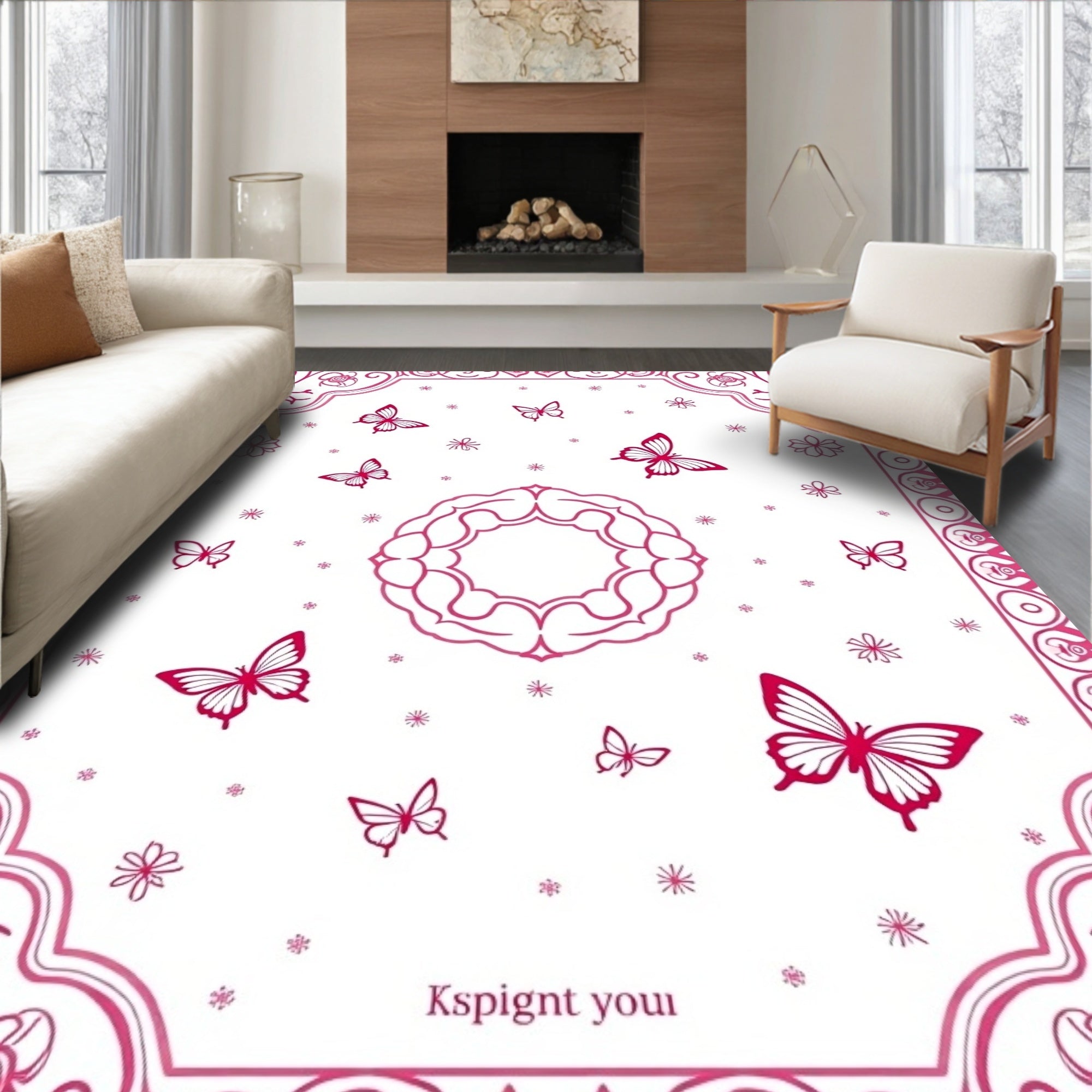 Whimsical Magenta Butterfly Garden Rug