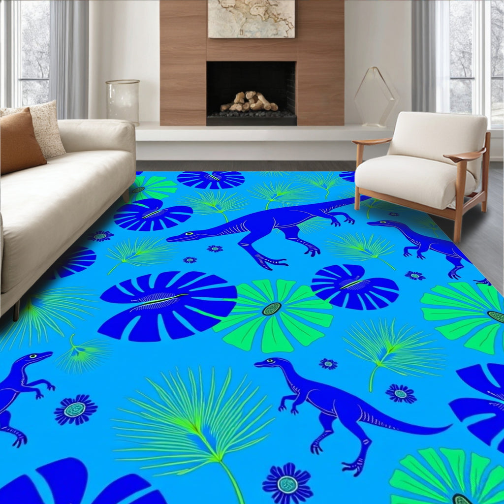 Blue Green Dinosaur Tropical Foliage Rug