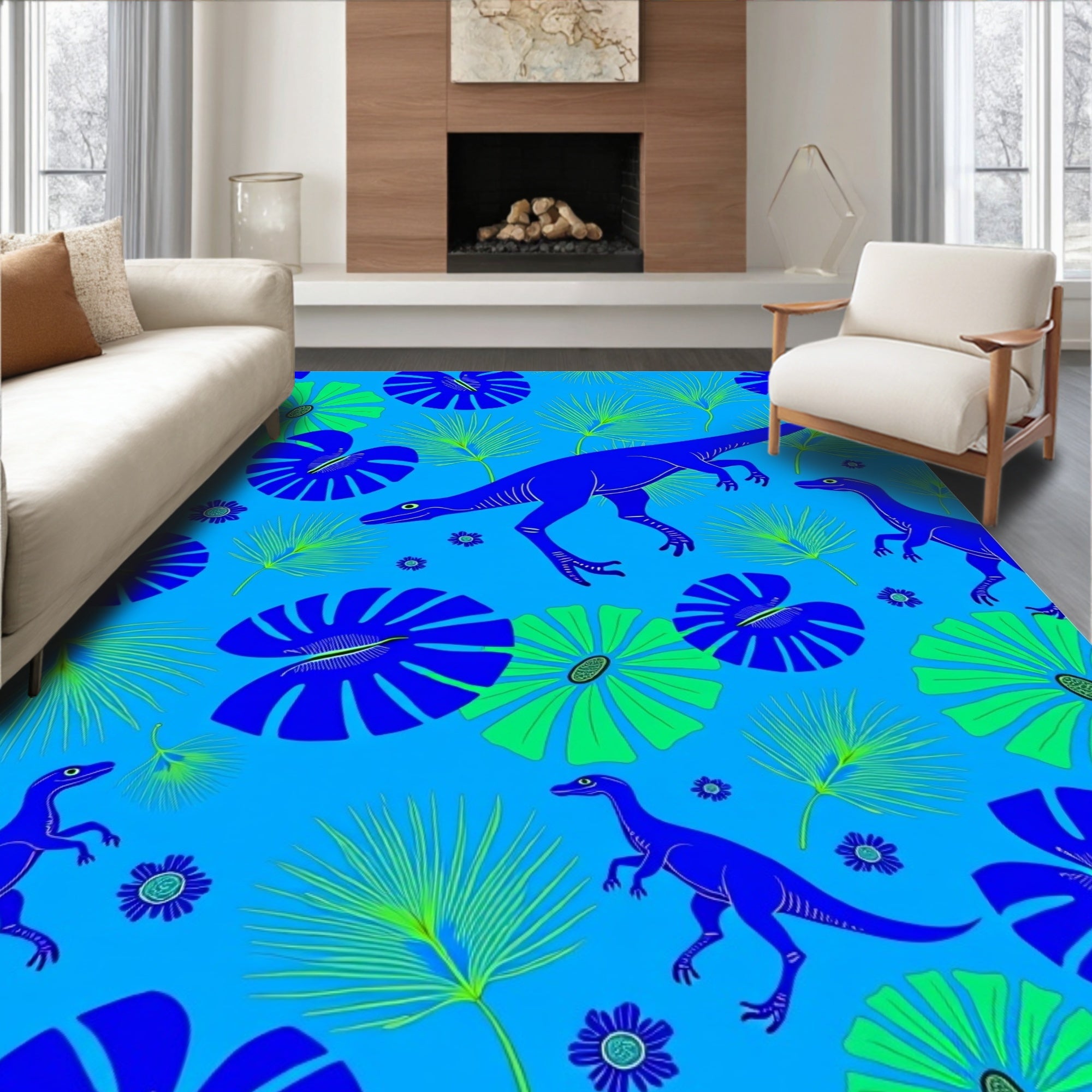 Blue Green Dinosaur Tropical Foliage Rug
