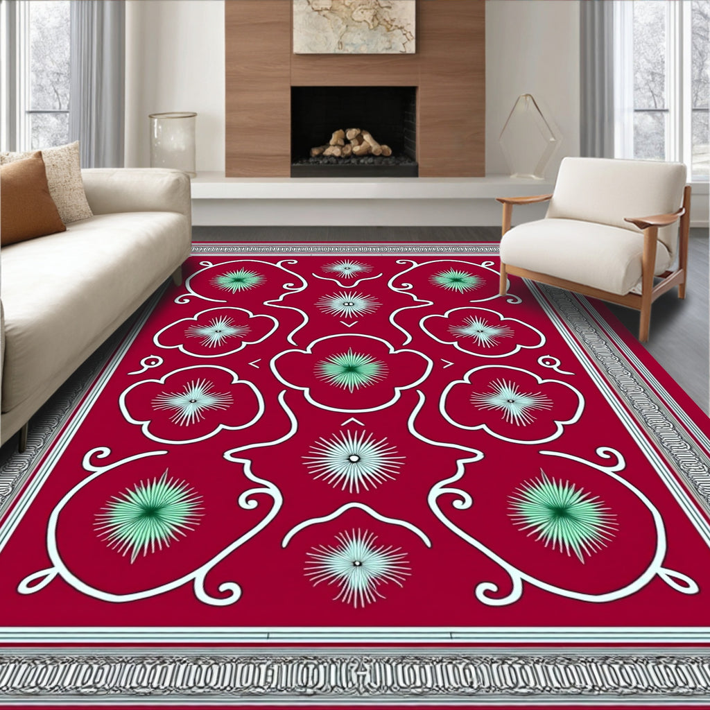 Crimson Floral Starburst Border Rug