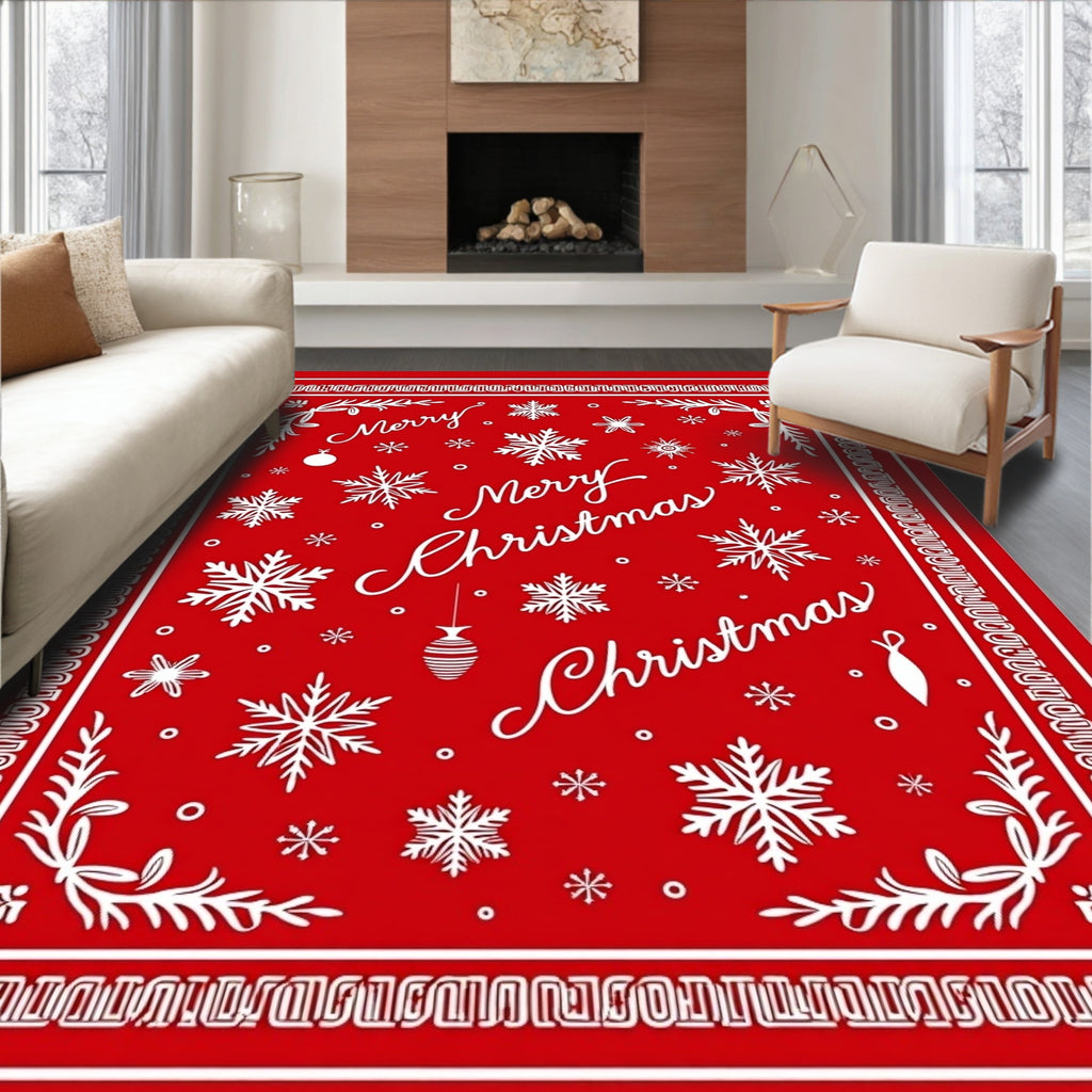 Red White Snowflakes Merry Christmas Rug