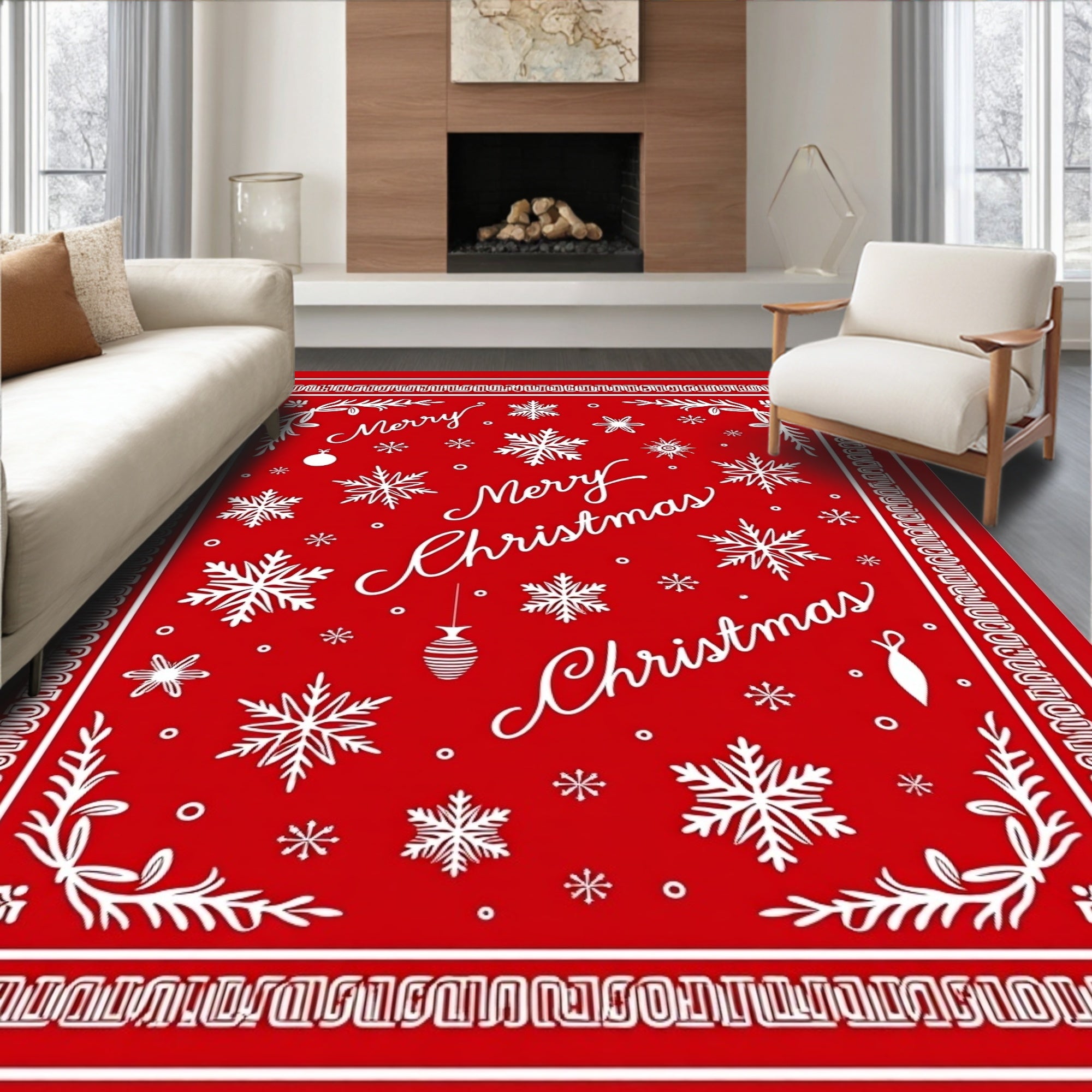 Red White Snowflakes Merry Christmas Rug