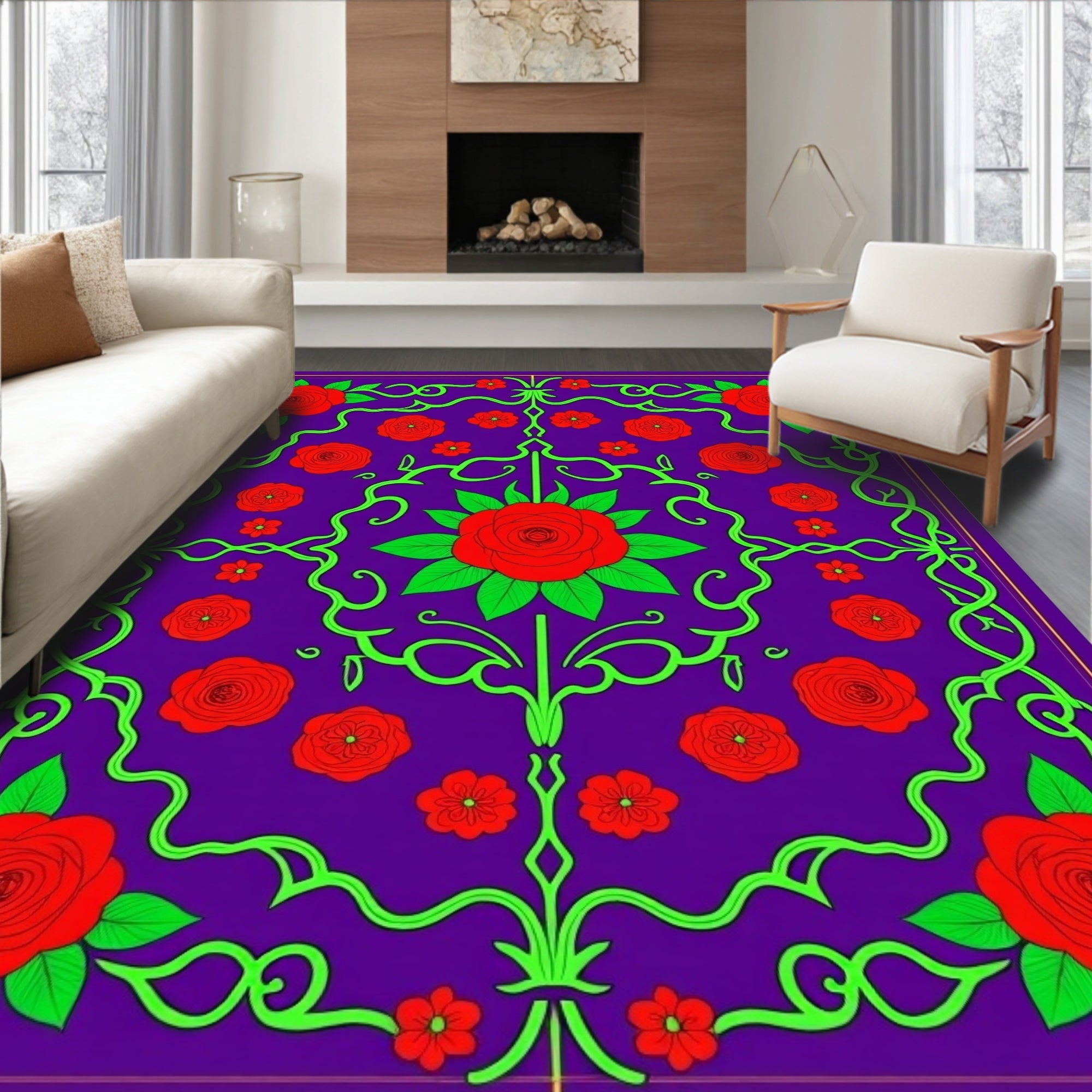 Vibrant Red Rose Swirl Garden Rug