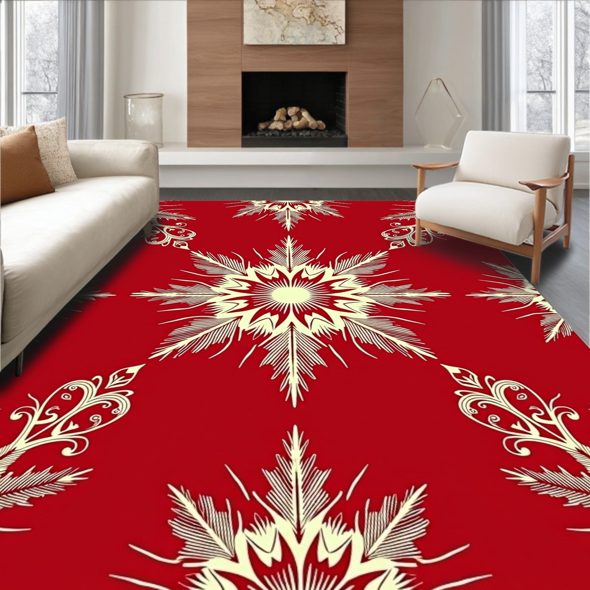 Crimson Ivory Starburst Floral Overlay Rug