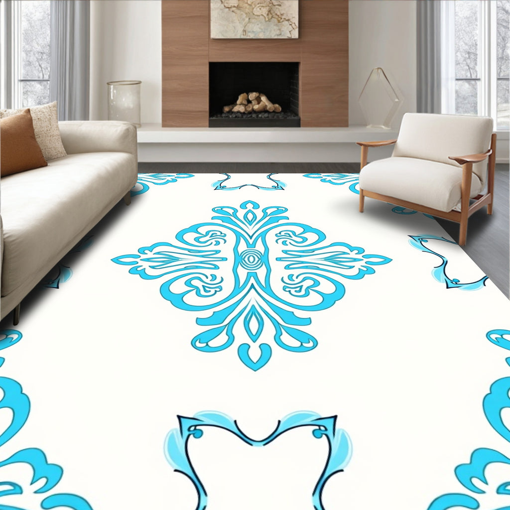 Aqua Ivory Floral Scroll MedallionRug Rug
