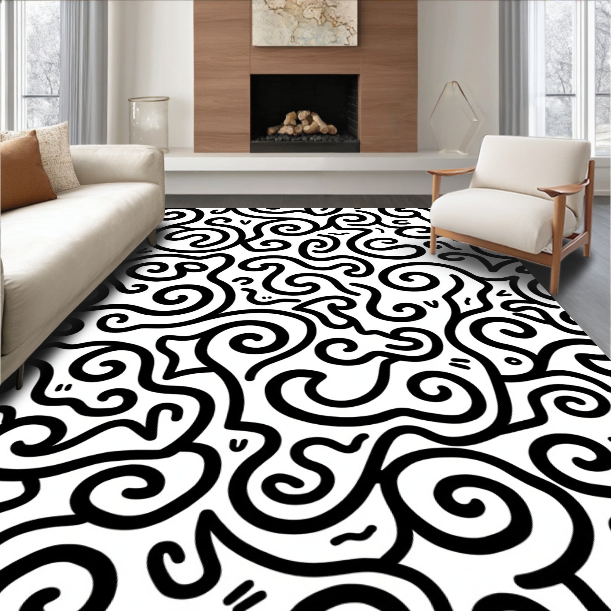 Whimsical Black White Swirl Abstract Rug