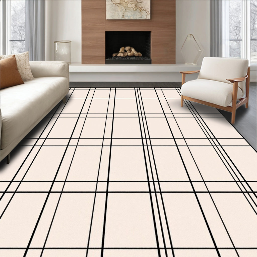 Cream Black Plaid Grid Lines Rug