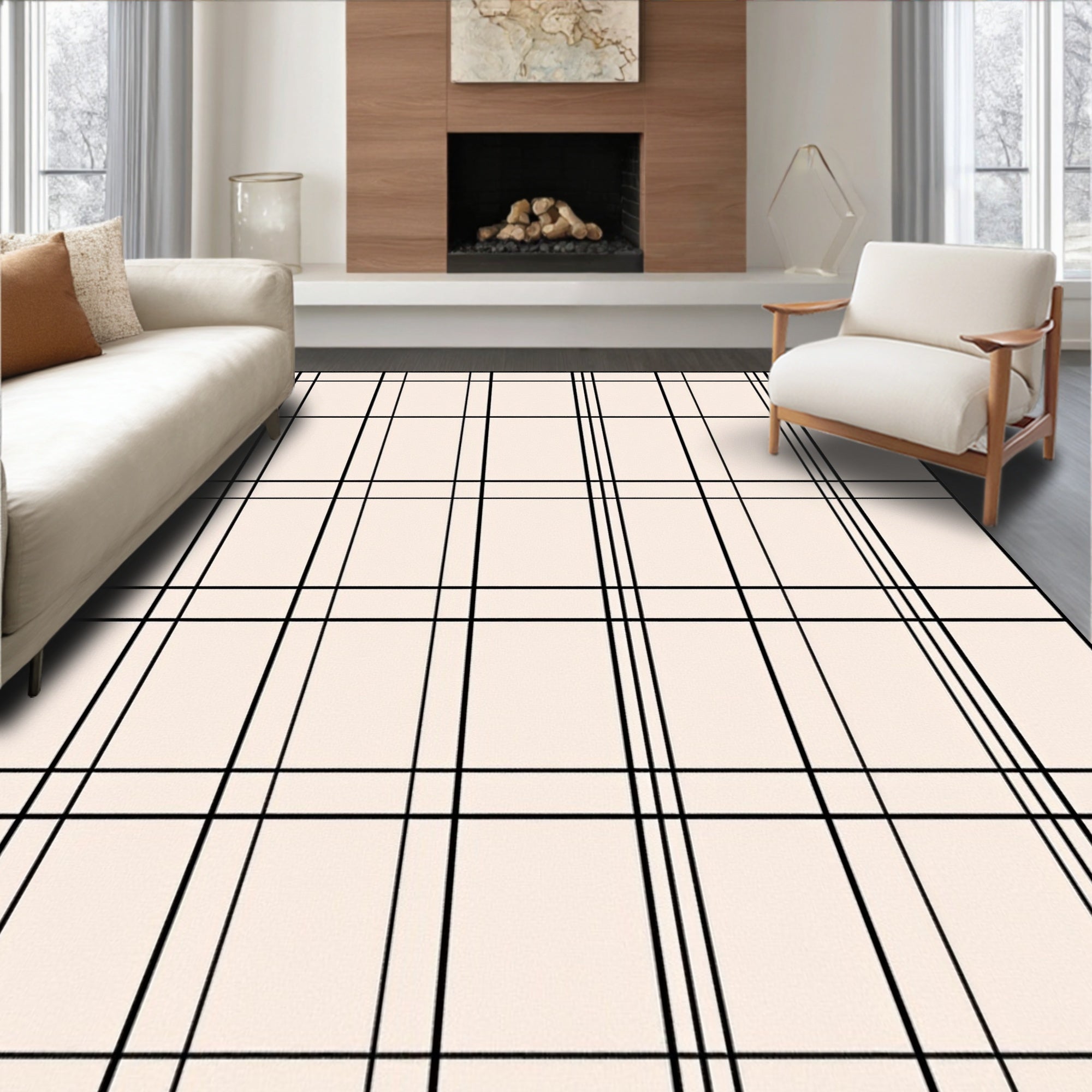 Cream Black Plaid Grid Lines Rug