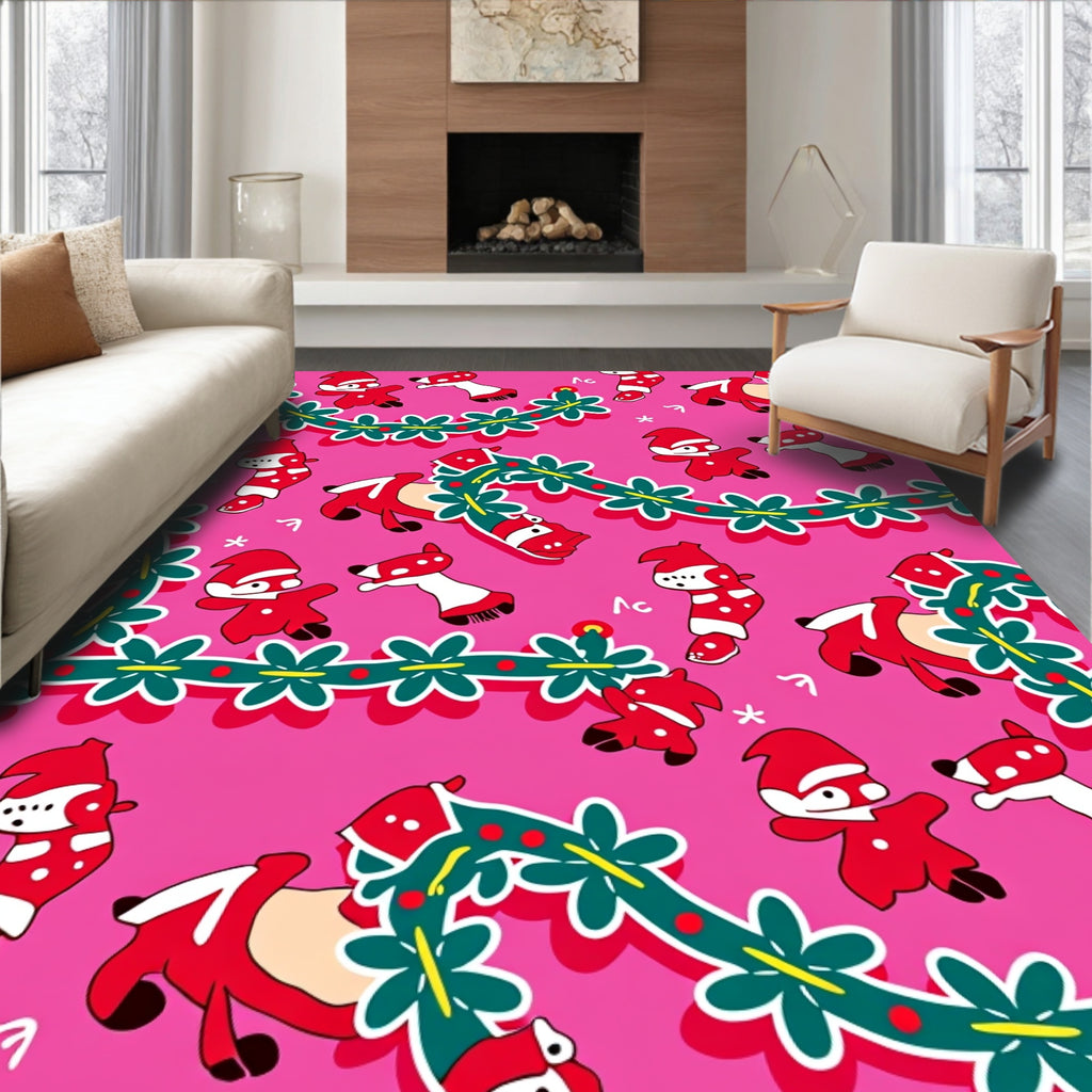 Red Festive Garland Cartoon Characters Rug