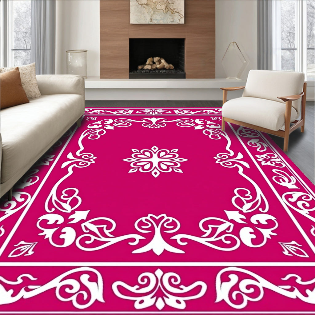 Fuchsia White Floral Scroll Border Rug