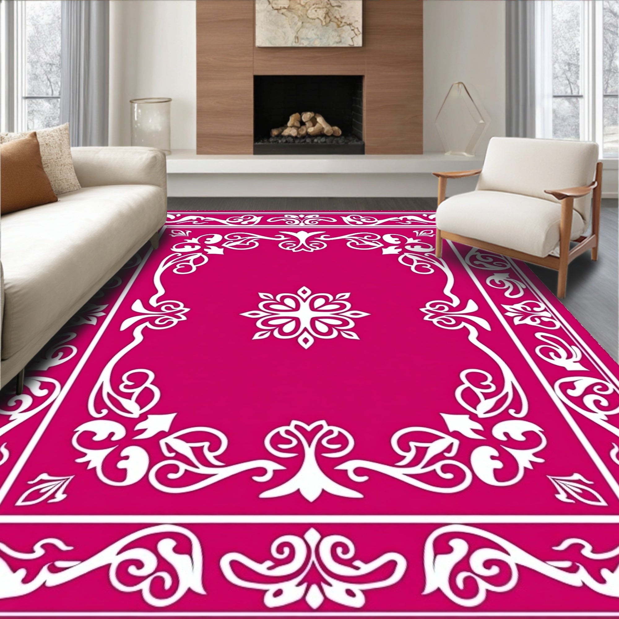 Fuchsia White Floral Scroll Border Rug