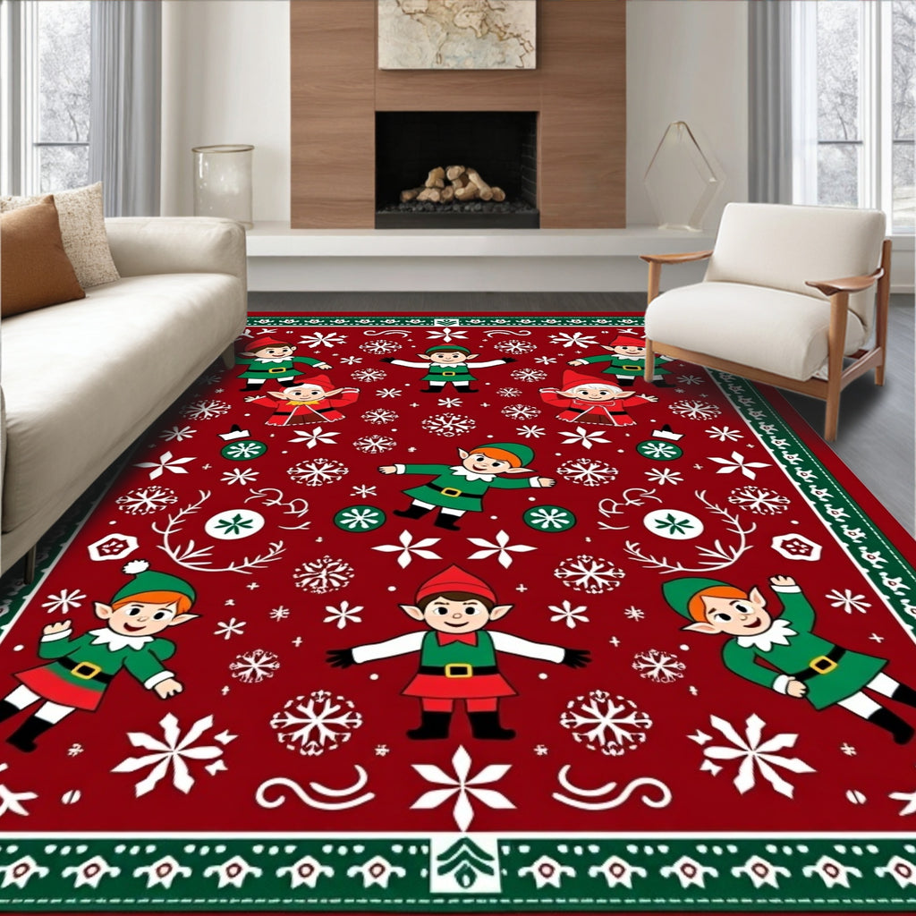 Red Elves and Snowflakes Christmas Blanket Rug