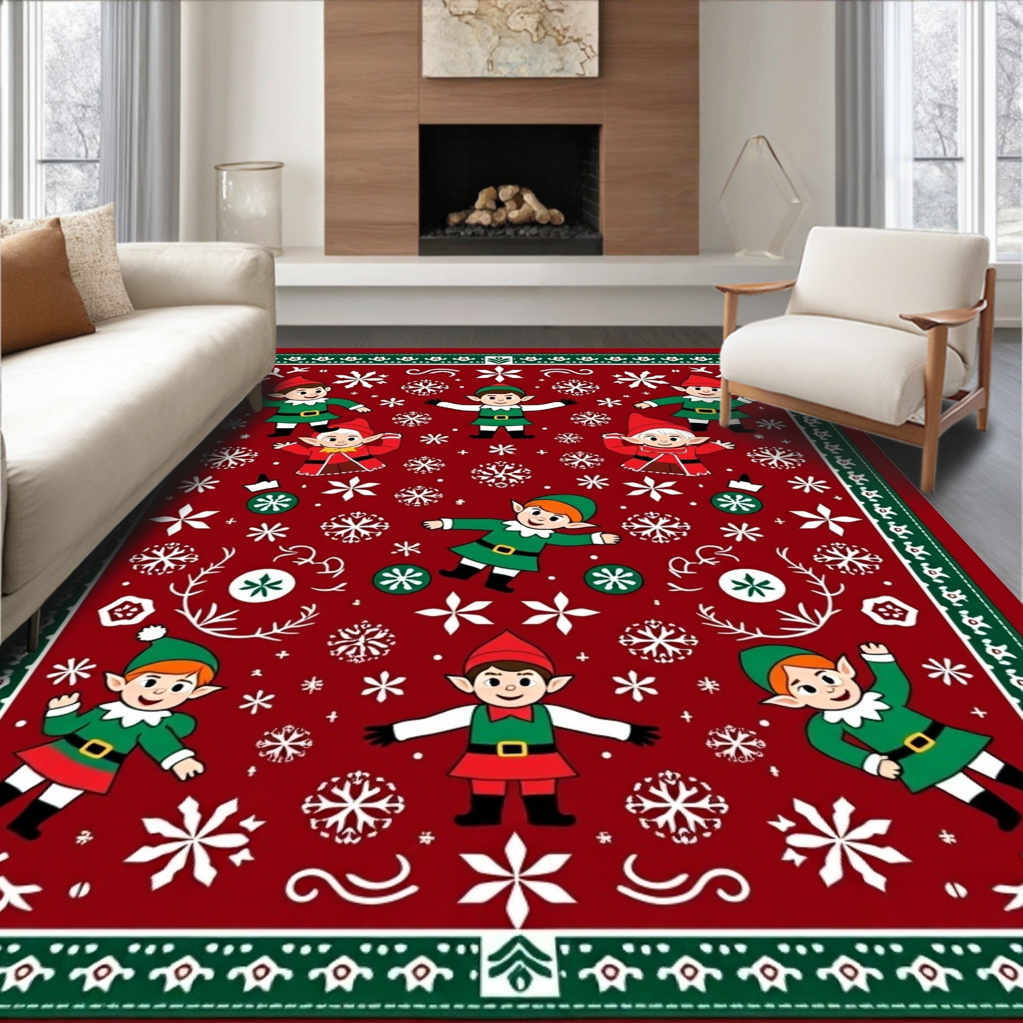 Red Elves and Snowflakes Christmas Blanket Rug