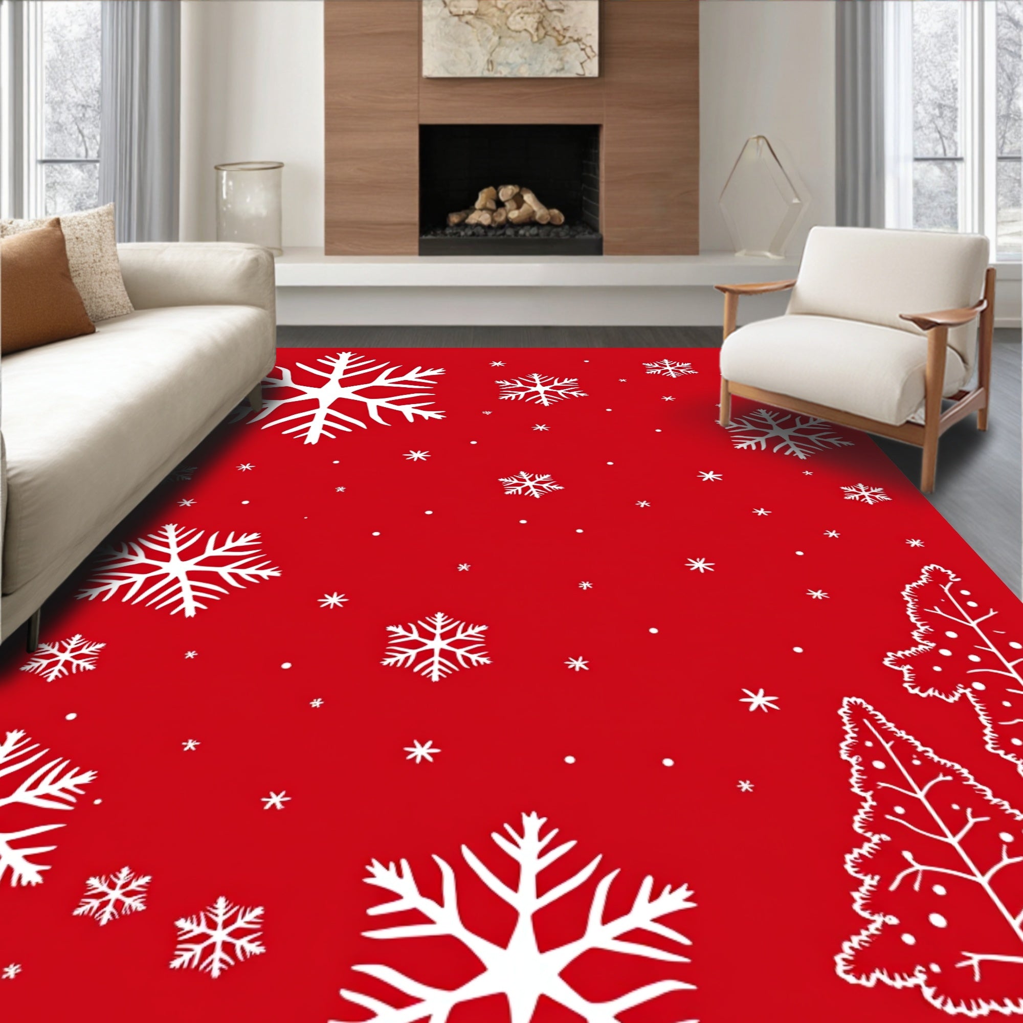Crimson Snowflake Winter Forest Rug