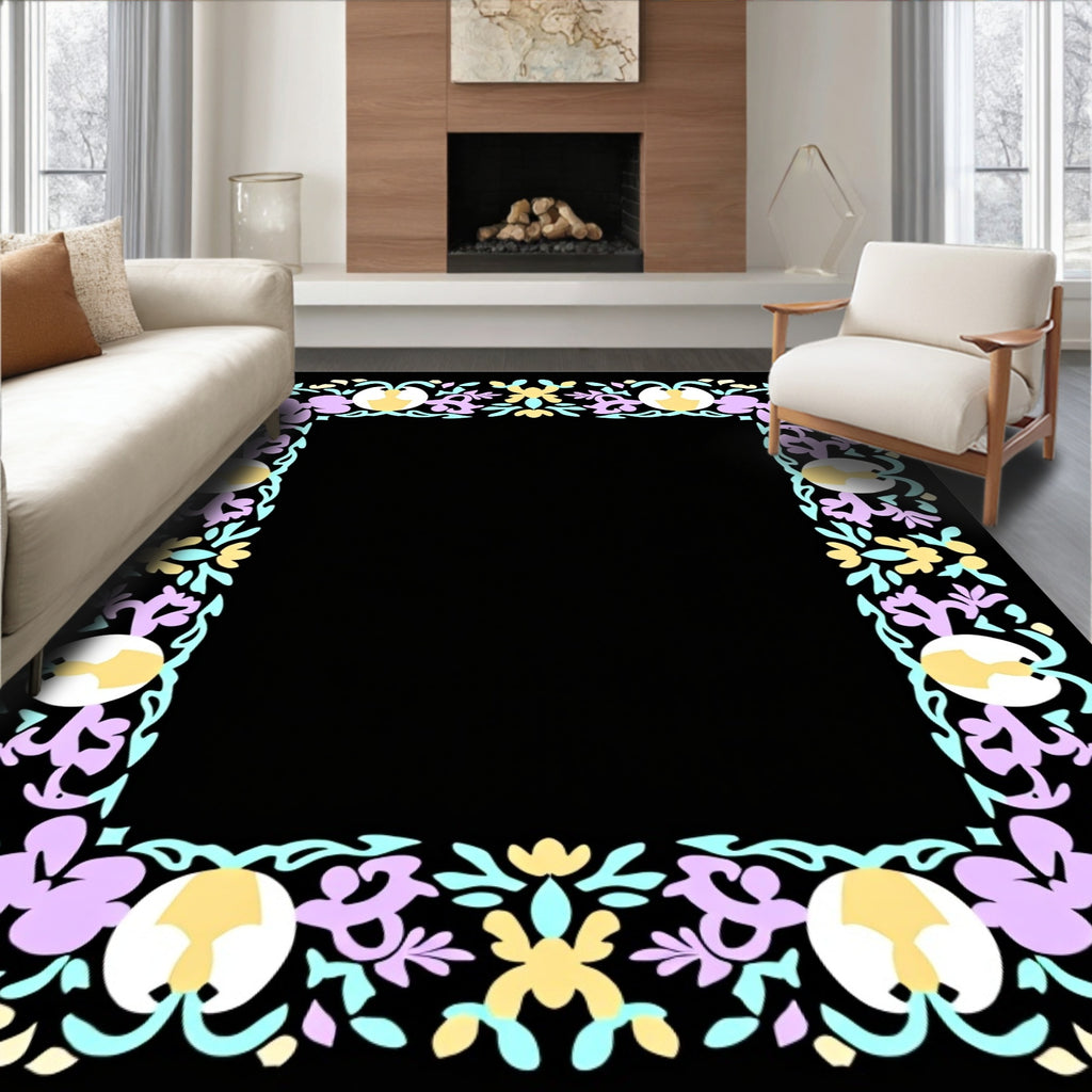 Floral Botanical Border in Pastel Hues Rug