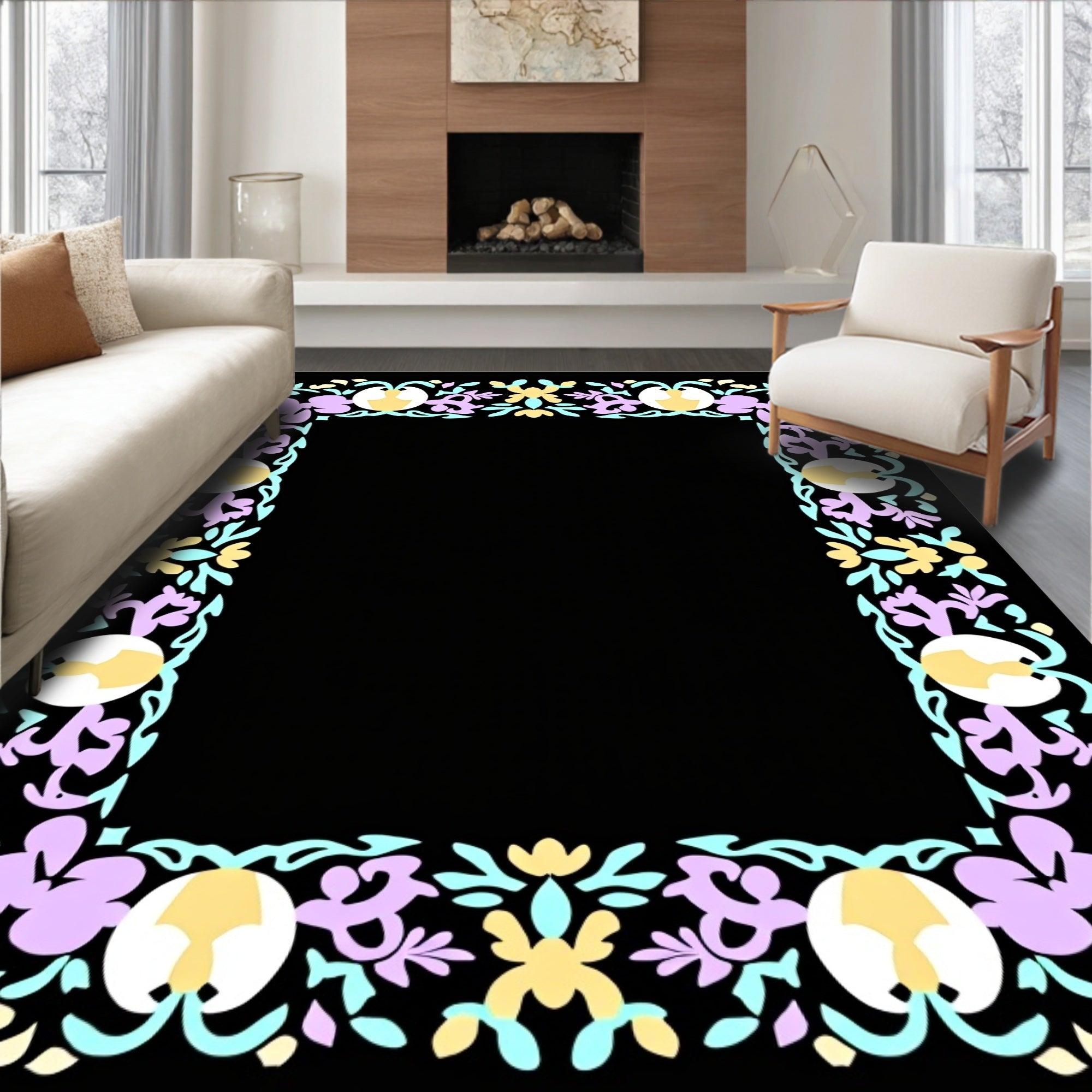 Floral Botanical Border in Pastel Hues Rug