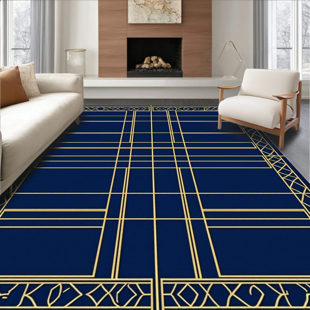 Gold Geometric Lines Navy Blue Rug