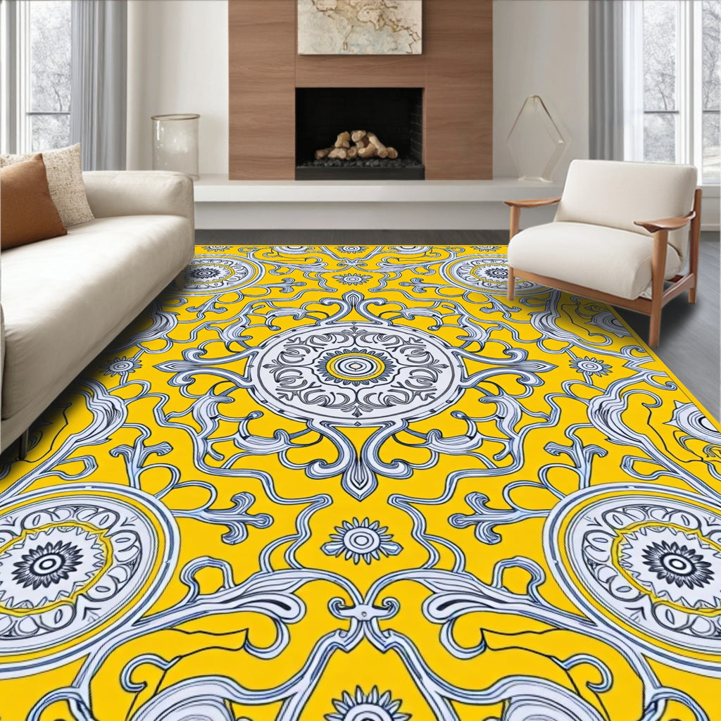 Vibrant Yellow Ivory Scroll Medallion Rug